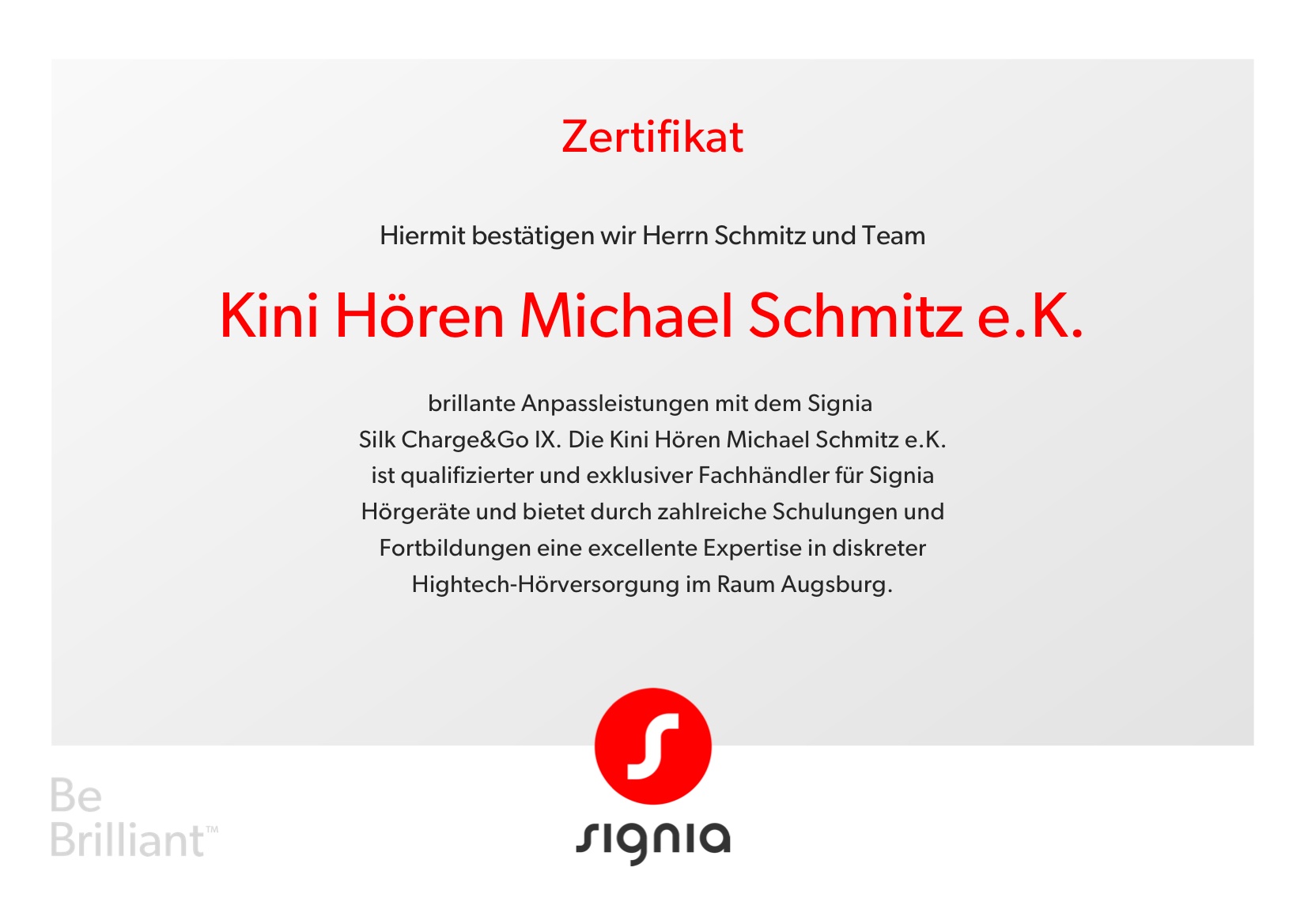 Signia-Zertifikat für KINI HÖREN Michael Schmitz e.K.